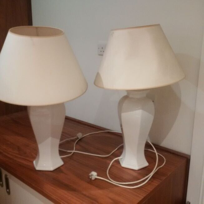 two vintage large classic design porcelain lamps with shades