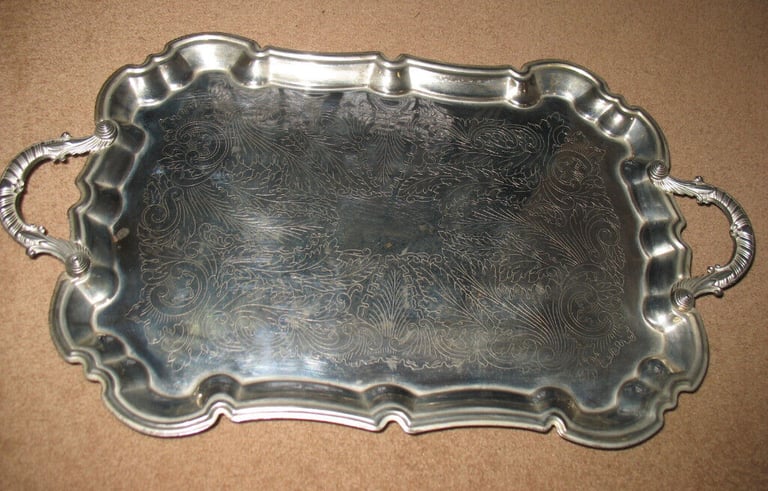 image for Vintage rectangular serving tray for liqueur glasses, perfume bottles, candles, silver finish