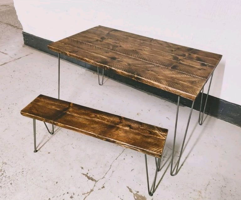 Rustic Dining Table (with One, or Two Benches) & Steel Hairpin Legs