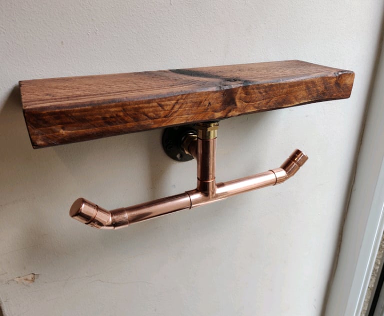 Rustic Shelf & Copper Pipe Double Toilet Roll Holder