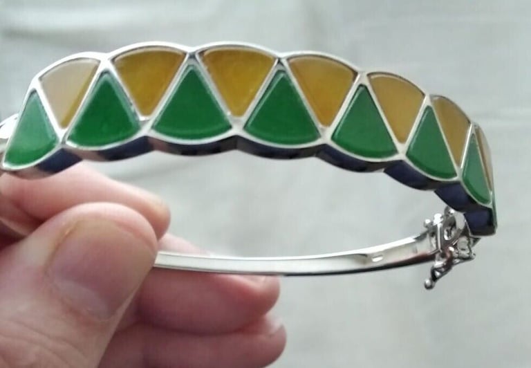 image for NEW - Green Jade and Yellow Jade Bangle 925 Silver 41g  ****REDUCED** £45
