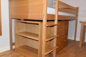 Oak mid sleeper bed with chest of drawer and bookshelf