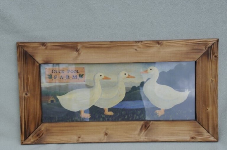 image for Rustic Wooden Framed  Rectangular Naive Style Picture Of Three White Ducks. Modern. Unused VGC