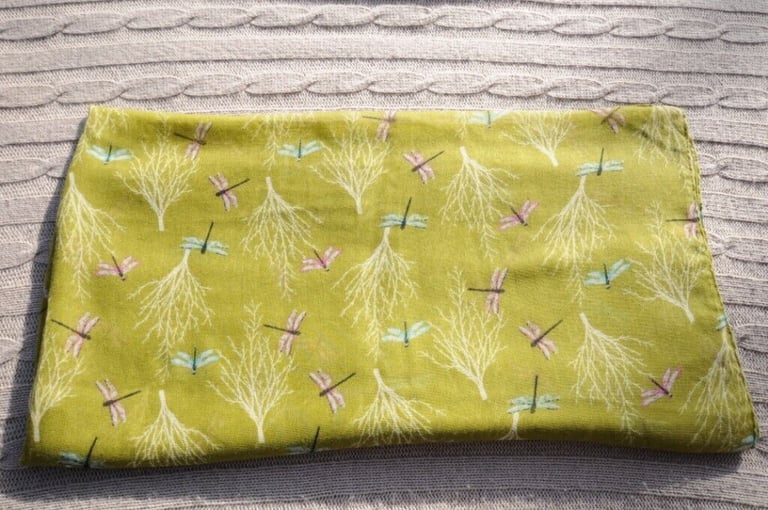image for Long Polyester Scarf Muted Yellow Green With Pink And Blue Dragonflies. Very Good Condition