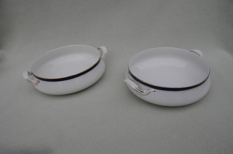 image for Two Large Circular Victorian Alfred Meakin Pottery Bleu de Roi Serving Dishes Gilded White With Blue