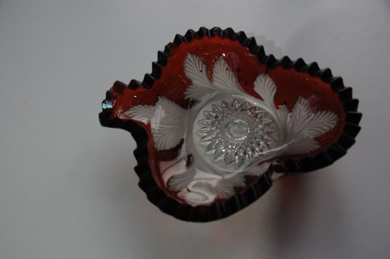 Pretty Antique Overlaid Ruby Red Glass Dish c.1900 Highly Decorative