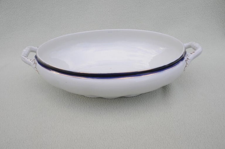 image for Large Oval Victorian Pottery Serving Dish. White With Blue Line And Gilded Decoration