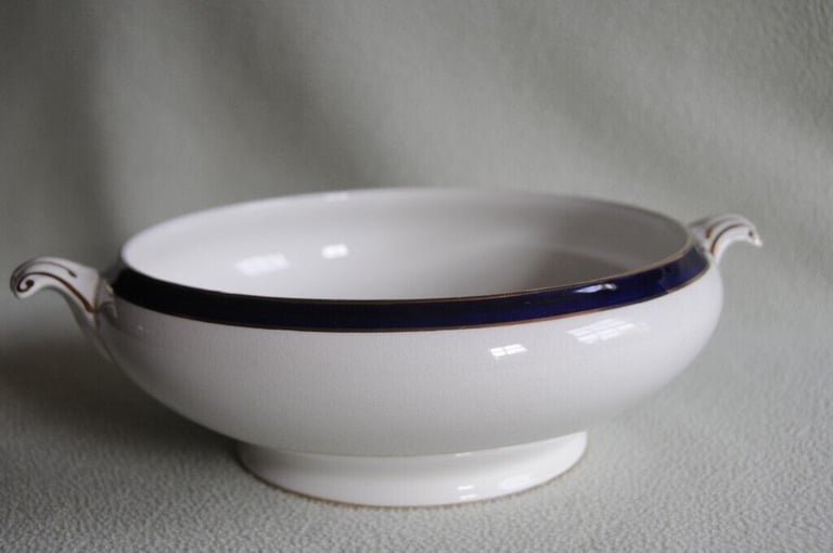 image for Large Circular Victorian Regal Pottery Serving Dish. White With Blue Line And Gilded Decoration