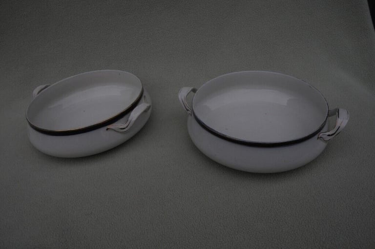 Two Large Circular Victorian Alfred Meakin Pottery Bleu de Roi Serving Dishes Gilded White With Blue