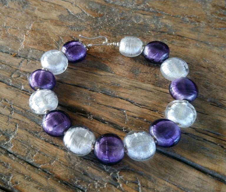 Handmade Metallised White and Purple Bead Bracelet 