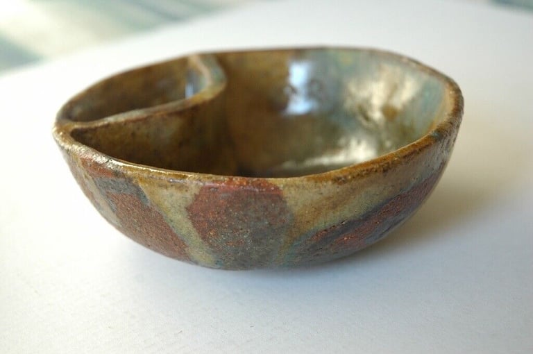 image for ART STUDIO POTTERY BOWL. Green brown blue shades. Artisan home decor