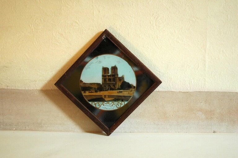 ANTIQUE NOTRE DAME PICTURE circa 1910. Souvenir of Paris. 20th century French made.