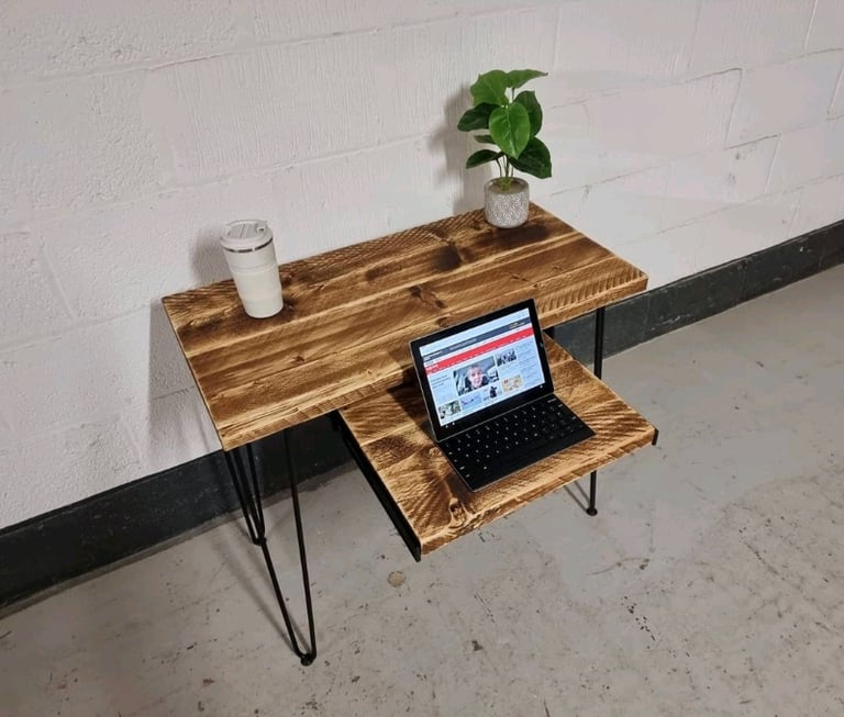 Rustic Desk, with Retractable Keyboard Shelf & Steel Hairpin Legs