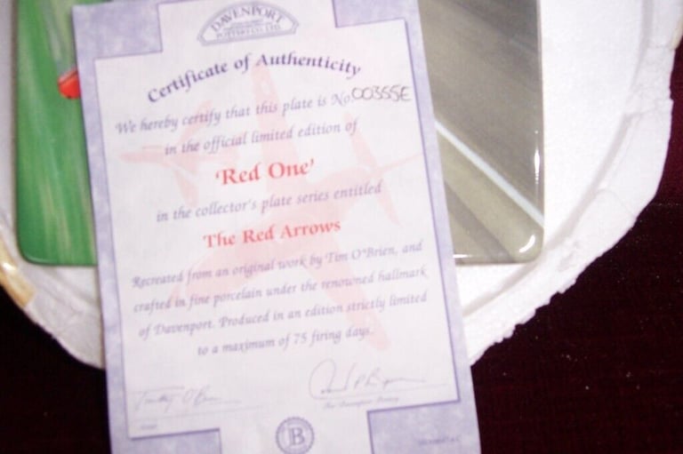 Red Arrows RED ONE Davenport Pottery Certificate of Autfienticity.