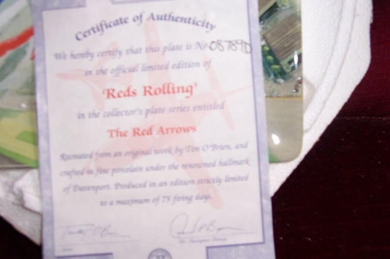 Red Arrows RED ONE Davenport Pottery Certificate of Autfienticity.