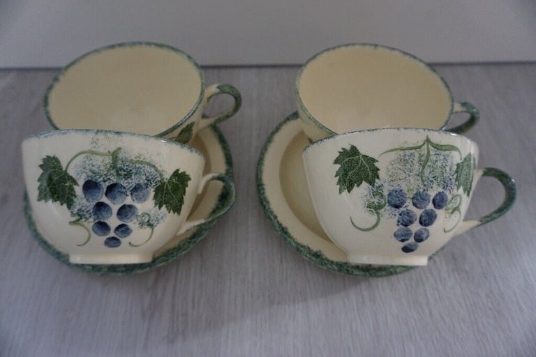 image for Poole Pottery Grape Vine 4 large cups and saucers