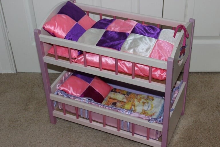image for  Wooden Pink Toy Bunk Bed with Mattress Pillows & Carrier