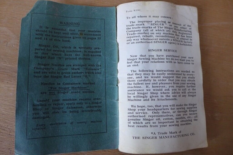 Original Instruction booklet for a Singer Sewing Machine No 66. ‘Oscillating hook, for Family use’.