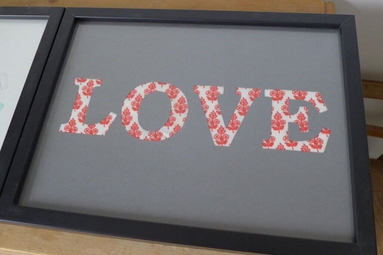 image for Pair of Original, Artist-Designed Framed Pictures/Wall Art depicting the word LOVE in vintage cotton