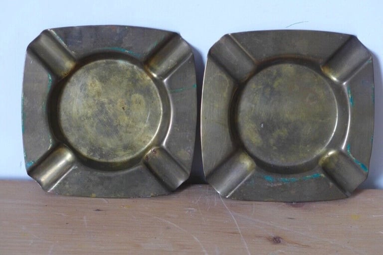 Collectible / Collectable: two matching, vintage, brass ashtrays ash trays.