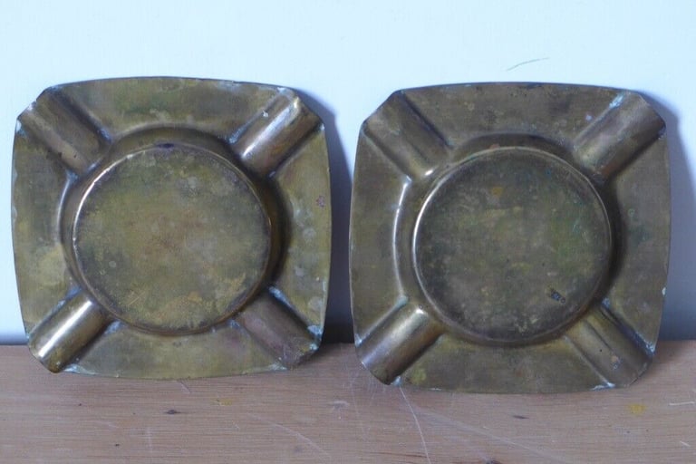 Collectible / Collectable: two matching, vintage, brass ashtrays ash trays.