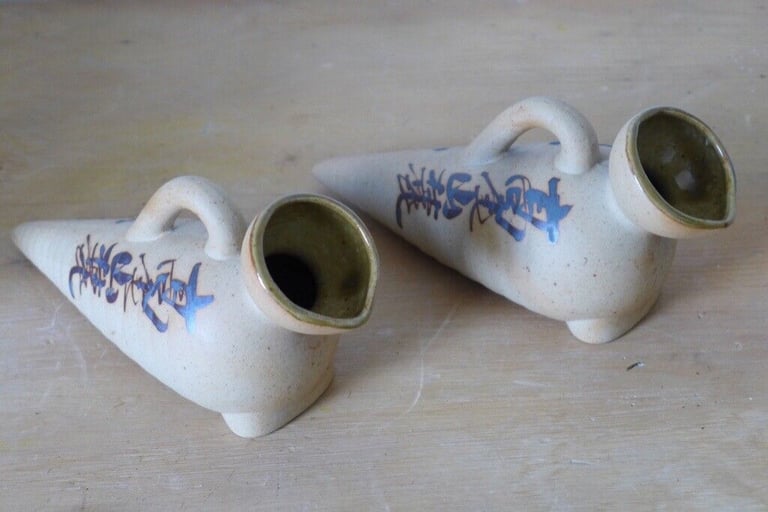 A Pair of Unusual, 1970s-Vintage, Japanese, Ceramic / Pottery Sake Pitchers / Serving Bottles.