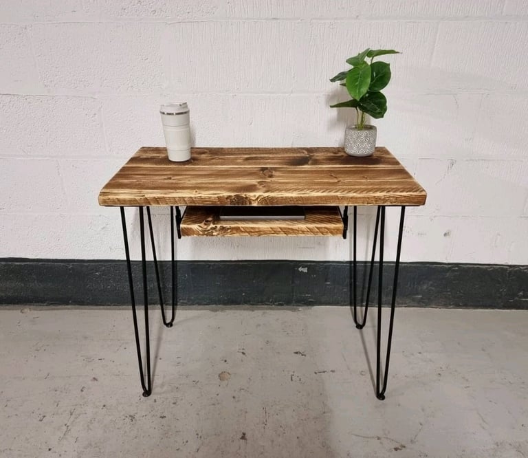 Rustic Desk, with Retractable Keyboard Shelf & Steel Hairpin Legs