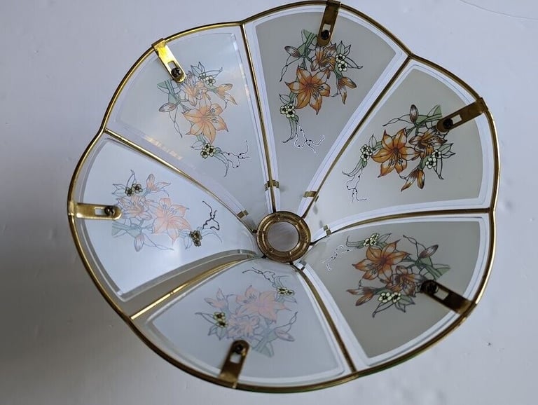 Glass and Brass Floral Patterned Light Shade, fits standard ceiling pendant