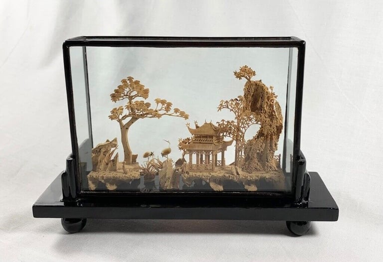Vintage Chinese Carved Cork Diorama 20cm x 13.5cm