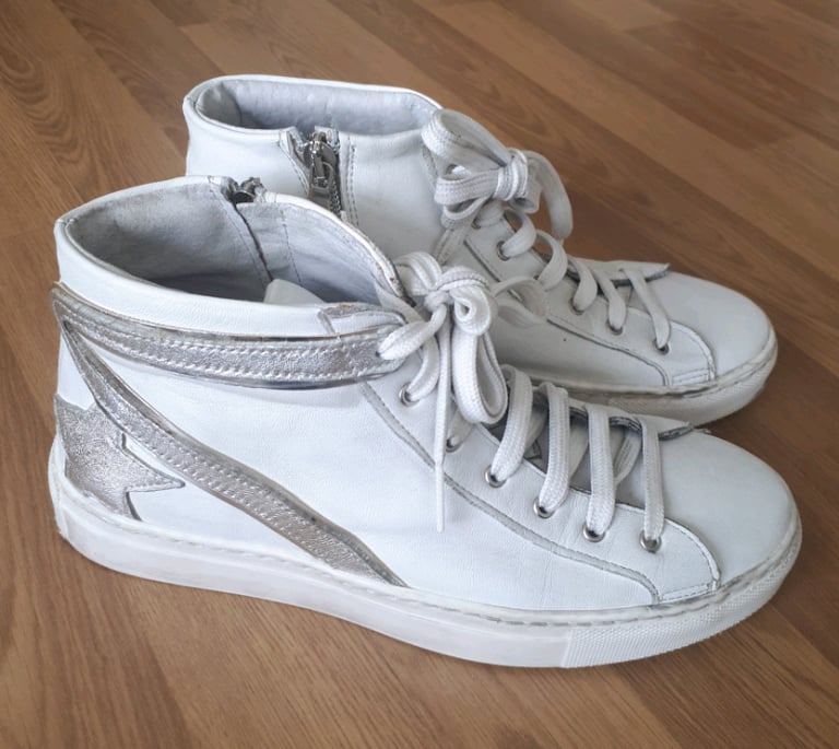 image for Supercool White Silver High Top Leather Trainers Made in Italy EU37 UK