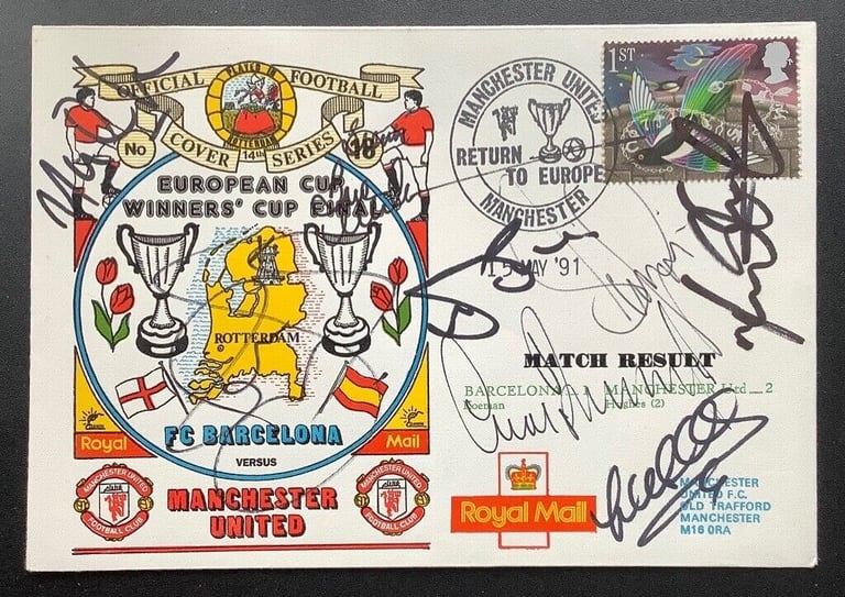 image for Multi Signed Man Utd Football Postal Cover 1991 ECWC Final v Barcelona
