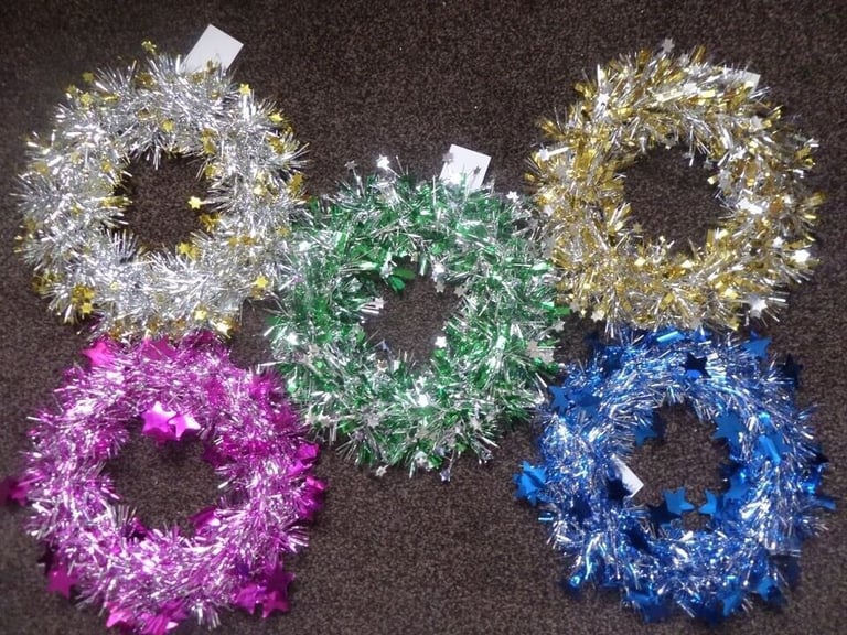ChristmasTinsel Wreaths £1 EACH ~ 24cm Artificial - 5 Colours Available