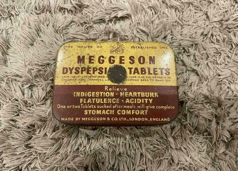 image for Vintage Metal Tin MEGGESON DYSPEPSIA TABLETS Chemist Advertising - Empty