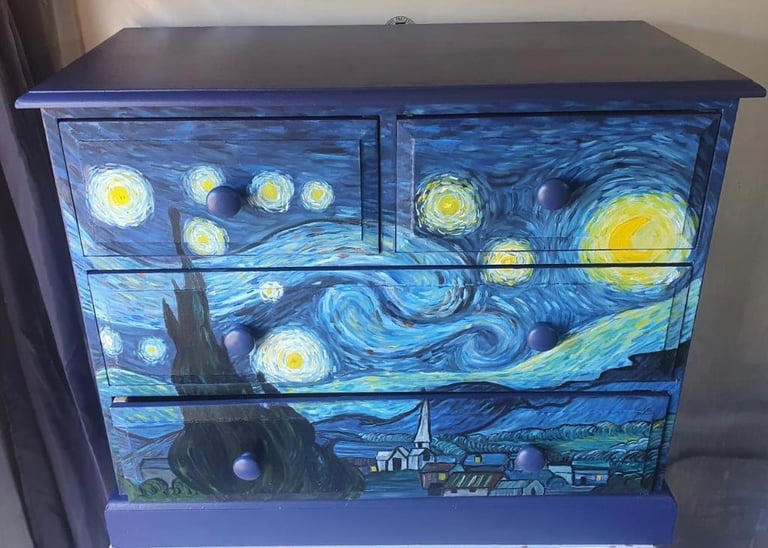 Solid pine wood, Handpainted Chest of drawers. Hand painted in the style of Vincent Van Gogh