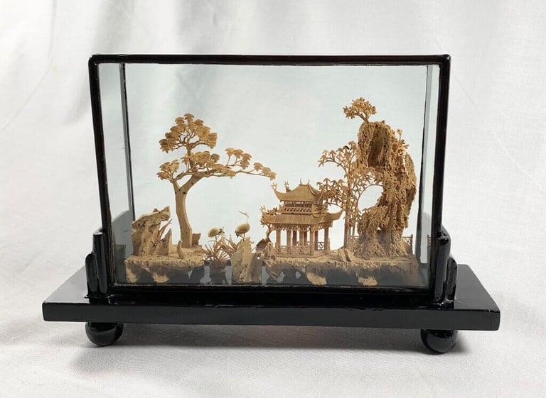 Vintage Chinese Carved Cork Diorama 20cm x 13.5cm