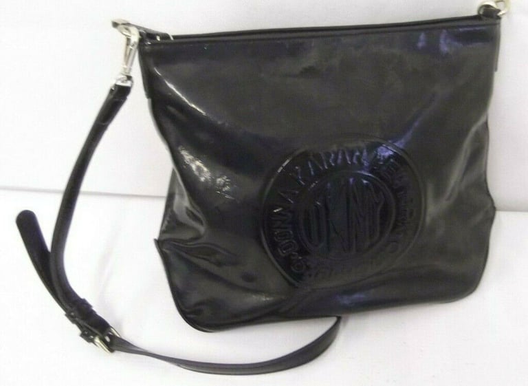 DKNY Ladies handbag black patent bucket bag with detachable crossbody strap