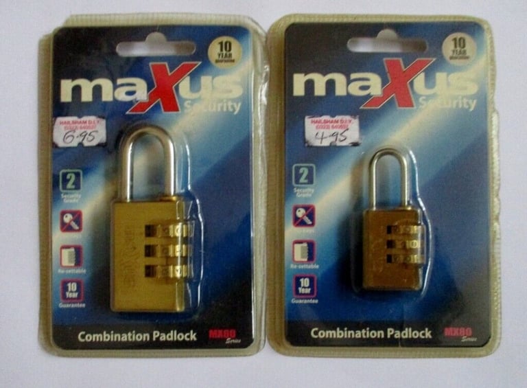 image for PACK of TWO. MAXUS RESETTABLE 3 WHEEL COMBINATION BRASS PADLOCKS - TWO SIZES