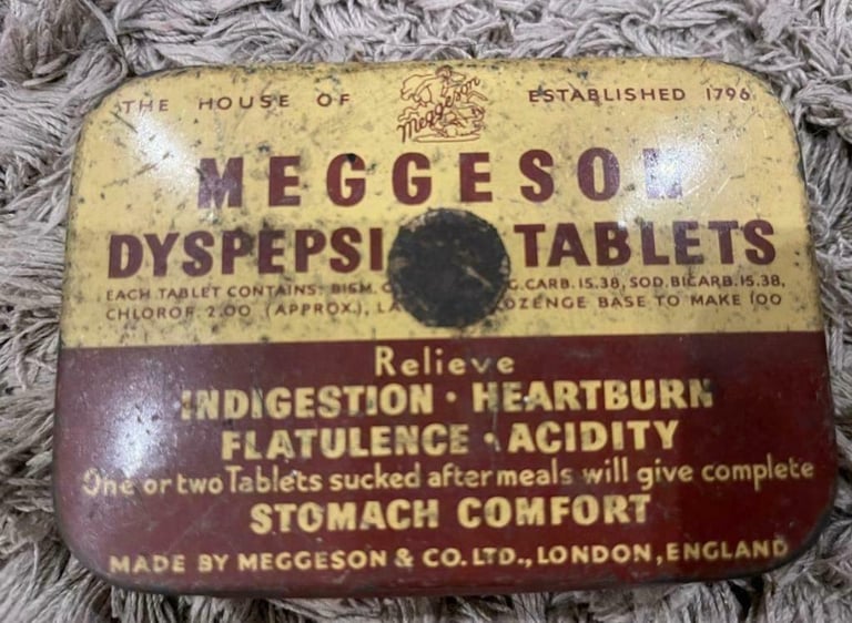 Vintage Metal Tin MEGGESON DYSPEPSIA TABLETS Chemist Advertising - Empty