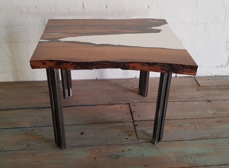 BESPOKE WANEY EDGE ROBINIA PLANK WOOD COFFEE TABLE WITH INDUSTRIAL STEEL LEGS