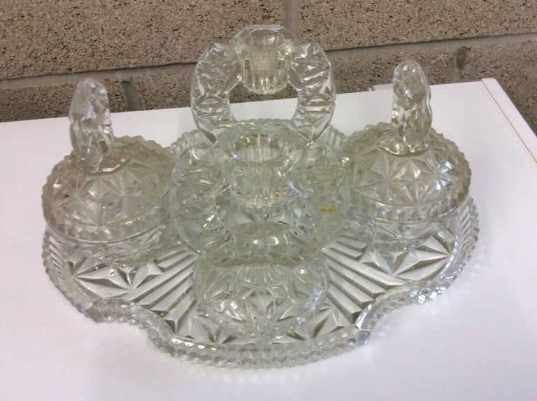 Beautiful Vintage Cut-Glass Seven Piece Dressing Table Set