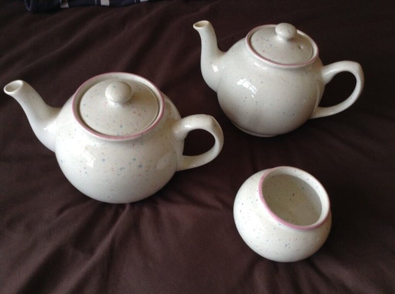 Tea pots,  white with small multi coloured fleck pattern and pink rim