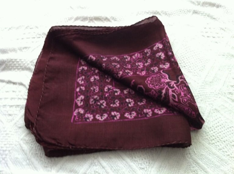 Scarf, wine colour with pink flower and Hand rolled edges,size 34''x34''
