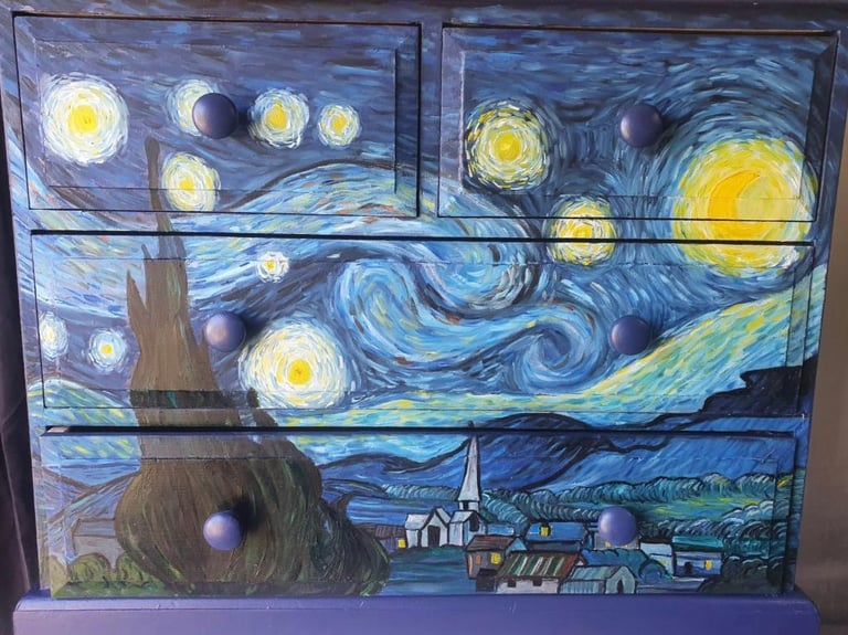 Solid pine wood, Handpainted Chest of drawers. Hand painted in the style of Vincent Van Gogh