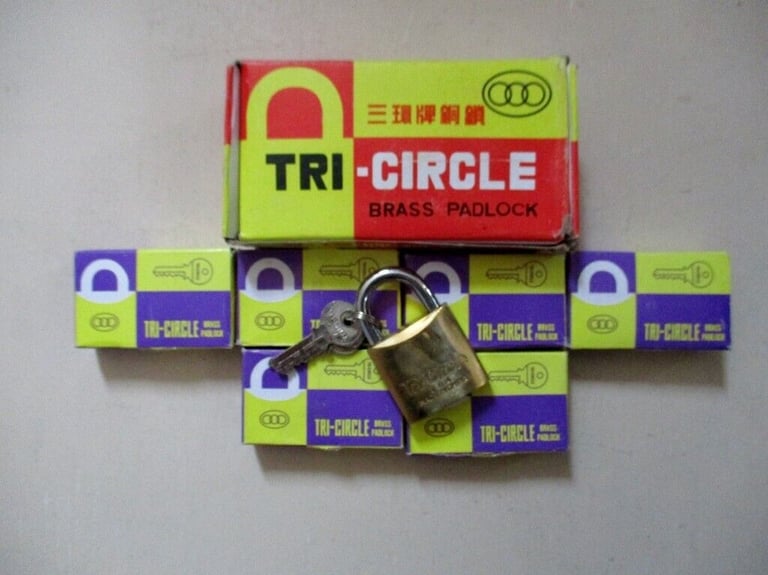 image for BOX OF 6. BRAND NEW TRI-CIRCLE 38MM BRASS PADLOCKS with 3 KEYS EACH