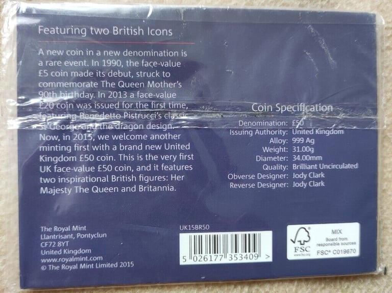 Rare UK Royal Britannia £50 Pounds 2015 Silver (.999) Coin Commemorative ,NICE FOR GIFT!
