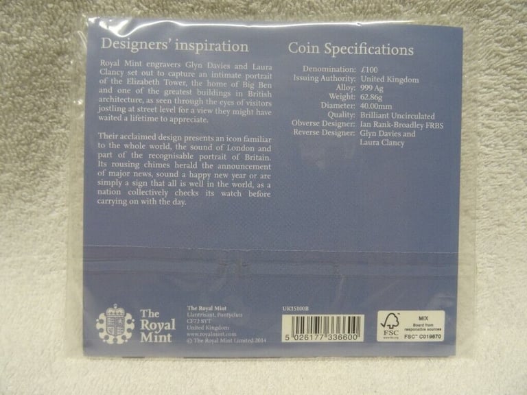 Royal Mint Big Ben 2015 UK £100 Fine Silver Coin, Brand new, Unopened in Original Packaging