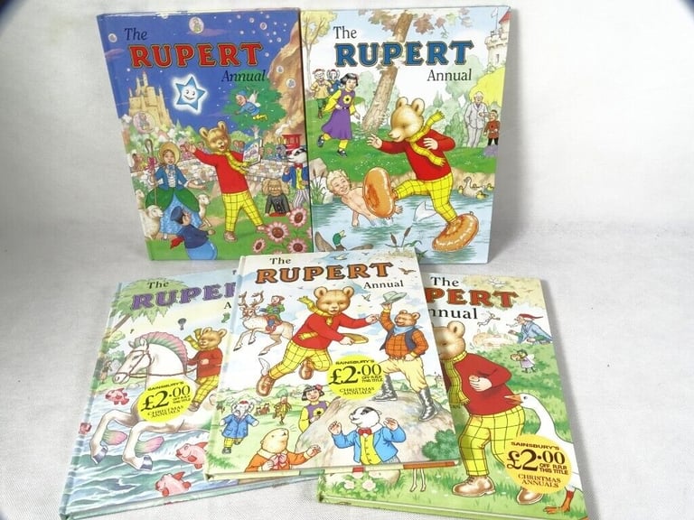  Rupert The Bear Annuals x 5 (1996-1999 +2001). + Rupert hand Puppet #2
