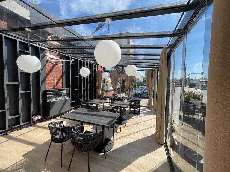 Aluminium Roof Canopy Veranda Glass Room Glass extension Frameless Sliding System Pergola