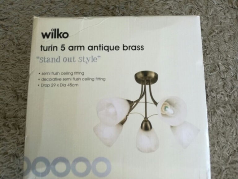 image for  NEW 5 ARM BRASS LIGHT WITH GLASS SHADES  (collect from Rowlands Castle )