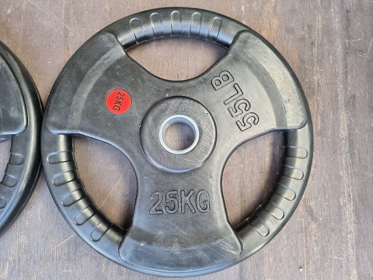 2 x 25kg Olympic Rubber Coated Plates with Tri-Grip Handles - Delivery Possible